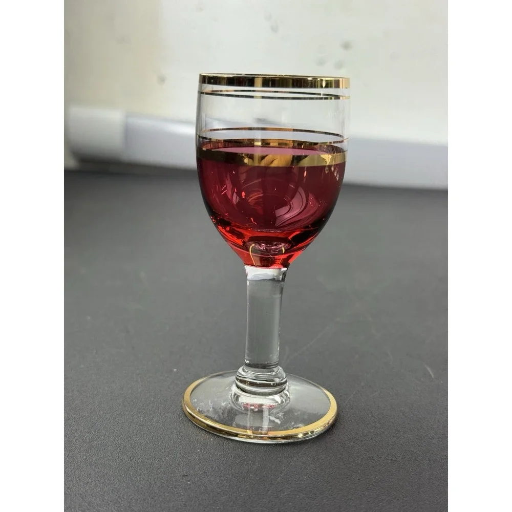 Cranberry Glass Decanter and Matching Cordial Glasses Set 7-piece MCM‎